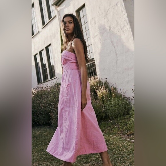 Free People Redone Strapless Midi A-Line Shirtdress In Pink Size S - Picture 1 of 13
